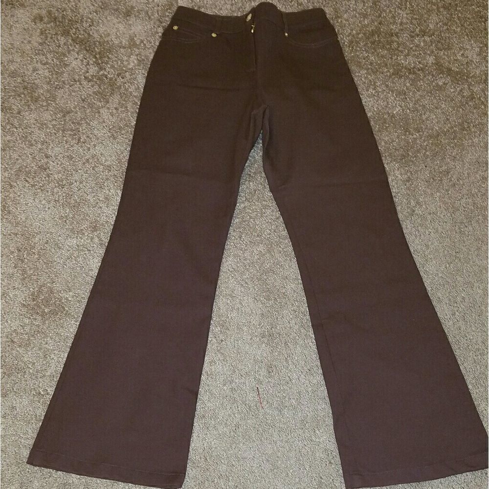 St. John Collection Marie Gray Brown Flare Knit Pants Gold Hardware Size 2